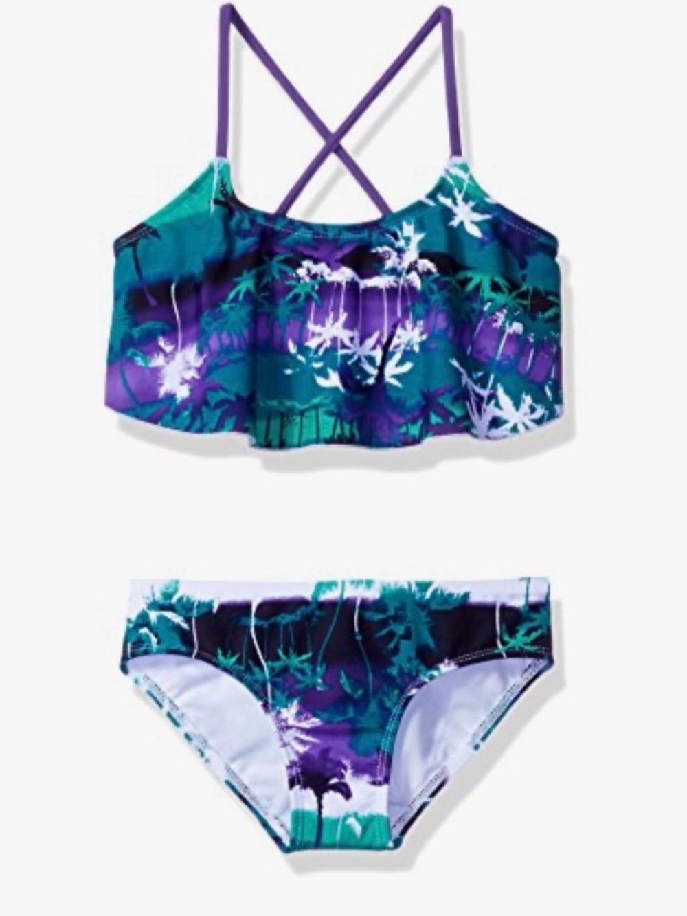 Kids Tropical Flounce Tankini Swim Set - Purple & Teal